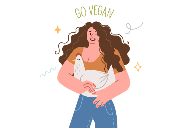 Mujer vegana sostiene pollo con una sonrisa y desea animales  Ilustración