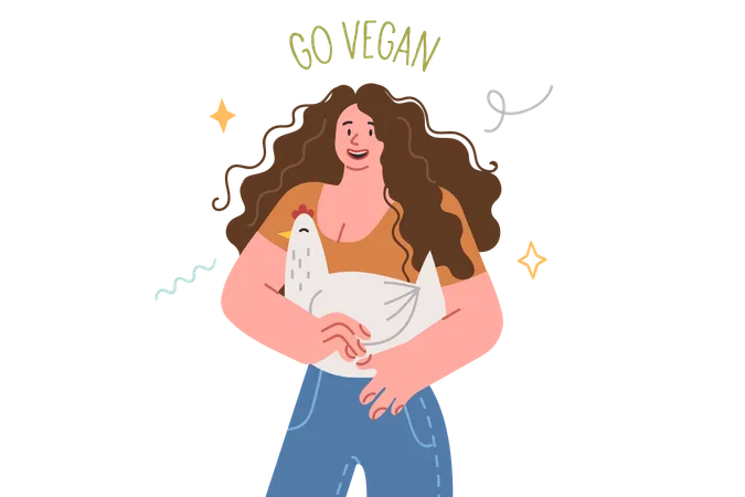 Mujer vegana sostiene pollo con una sonrisa y desea animales  Ilustración