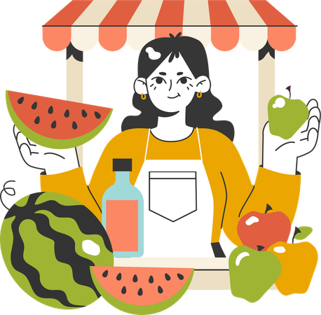 Mujer vende sandía en puesto de frutas  Ilustración