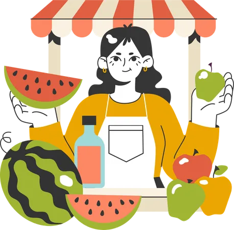 Mujer vende sandía en puesto de frutas  Ilustración