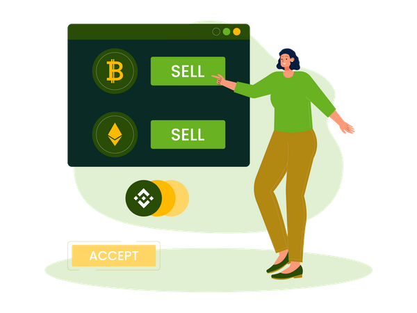 Mujer vendiendo bitcoin y ethereum  Ilustración