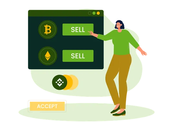 Mujer vendiendo bitcoin y ethereum  Ilustración