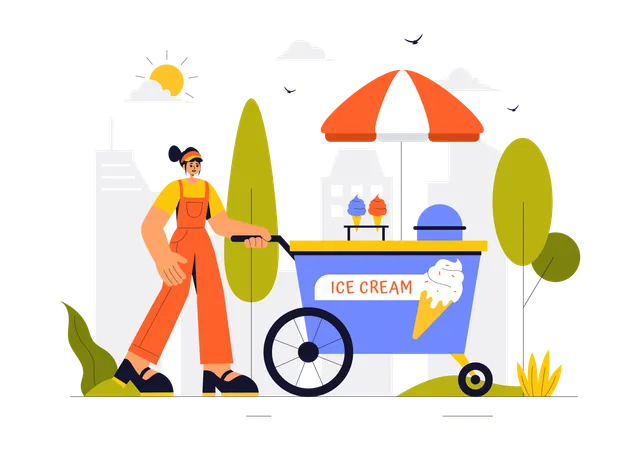 Mujer vendiendo helado en carrito  Ilustración