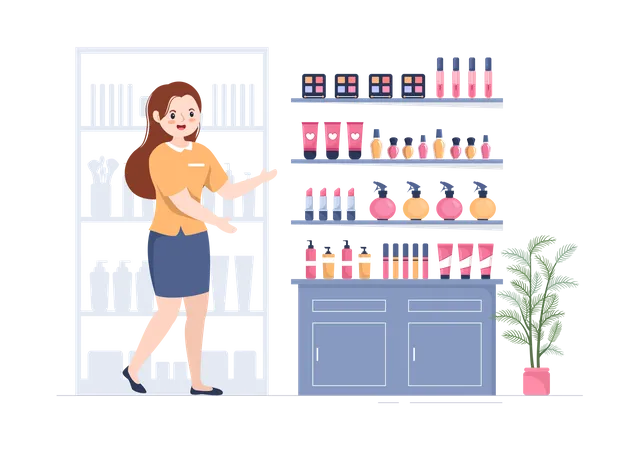Mujer vendiendo productos bonitos.  Ilustración