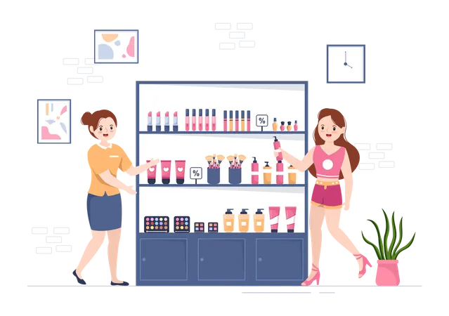 Mujer vendiendo productos cosméticos  Ilustración