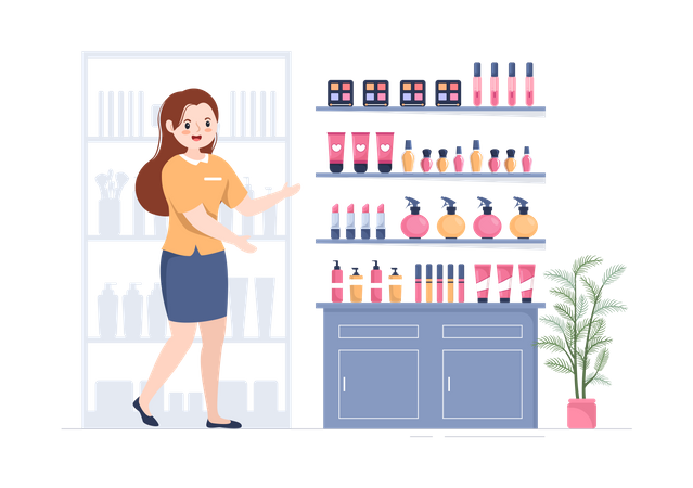 Mujer vendiendo productos bonitos.  Ilustración