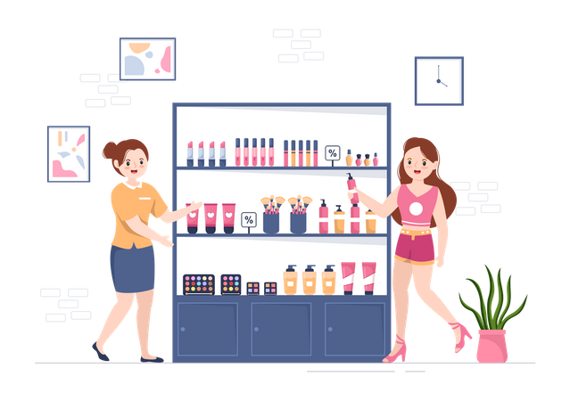 Mujer vendiendo productos cosméticos  Ilustración