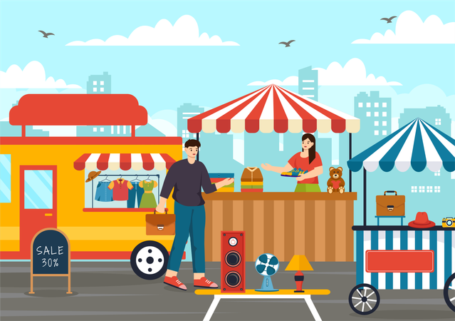Mujer vendiendo ropa en el mercado.  Ilustración