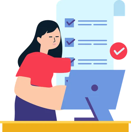 Mujer verificando la evaluación de calidad en la computadora  Ilustración