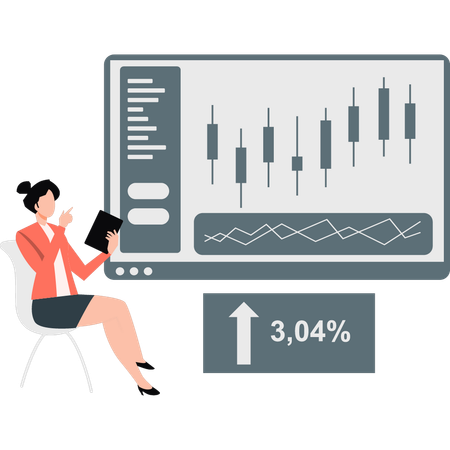 Mujer comprobando las ganancias del mercado de valores  Ilustración