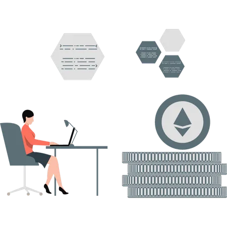 Mujer comprobando la moneda Ethereum  Ilustración