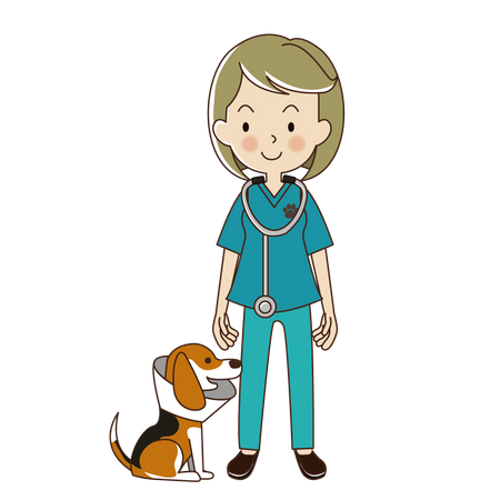 Mujer veterinaria con ser un perro beagle en collar.  Ilustración