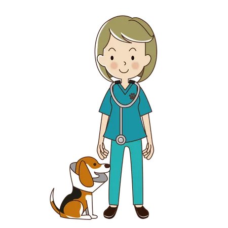 Mujer veterinaria con ser un perro beagle en collar.  Ilustración