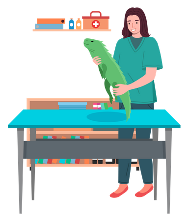 Mujer veterinaria sosteniendo un lagarto grande  Ilustración