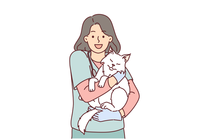 Una veterinaria sostiene un gato perteneciente a un visitante de la clínica del ZOO que trajo su mascota para vacunarla  Ilustración