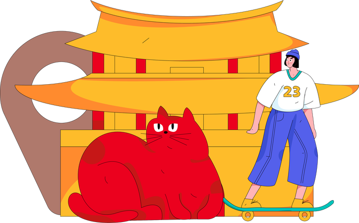 Mujer viajando a china con gato.  Ilustración