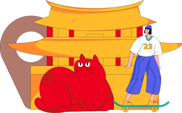 Mujer viajando a china con gato.  Ilustración