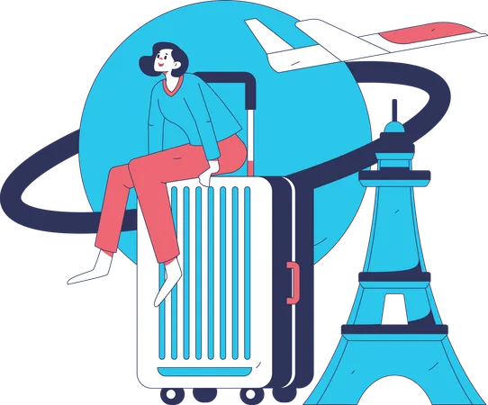 Mujer que viaja al extranjero en avión  Ilustración