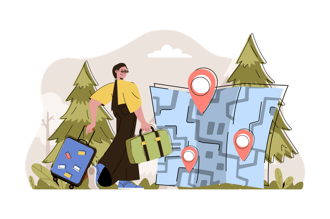 Mujer viajando por diferentes lugares marcados en el mapa  Ilustración