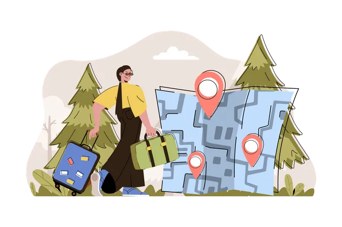 Mujer viajando por diferentes lugares marcados en el mapa  Ilustración