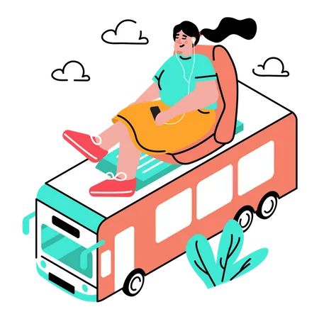 Mujer Viajando En Autobus Ilustracion Ilustración