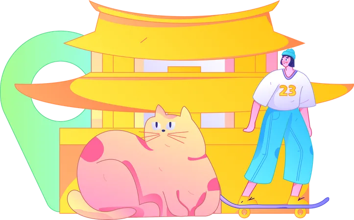 Mujer viajando a china con gato.  Ilustración