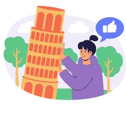 Mujer viajando en la Torre de Pisa  Ilustración