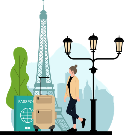 Mujer viajando en París  Ilustración
