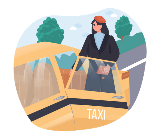 Mujer viajando en taxi  Ilustración