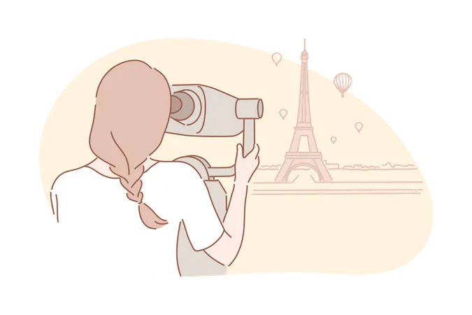 Una viajera aventurera mira la Torre Eiffel.  Ilustración