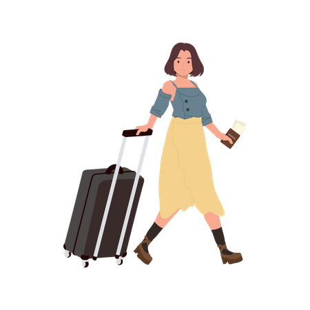 Mujer viajera con equipaje y pasaporte.  Ilustración