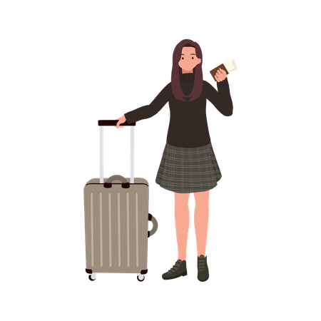 Mujer viajera con equipaje y tarjeta de embarque  Ilustración