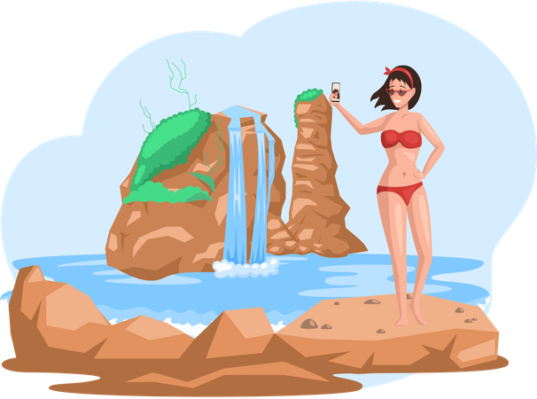 Una mujer viajera disfruta de la hermosa naturaleza y las rocas.  Ilustración