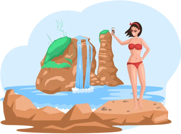 Una mujer viajera disfruta de la hermosa naturaleza y las rocas.  Ilustración