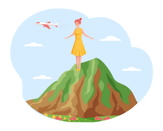 La viajera se encuentra en la cima de la montaña  Ilustración