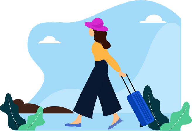 Mujer viajera sosteniendo maleta  Ilustración