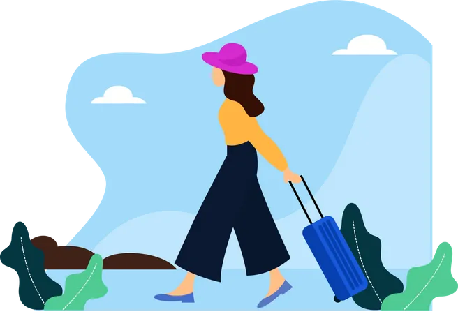 Mujer viajera sosteniendo maleta  Ilustración