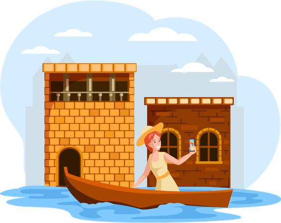 Mujer viajera tomándose un selfie navegando en un barco por el río en el casco antiguo con casas antiguas de ladrillo bajo  Ilustración