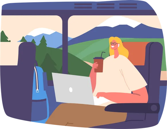 Mujer viajera usa su computadora portátil en un autobús  Ilustración