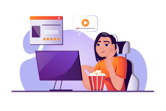 Mujer viendo una película en la computadora  Ilustración