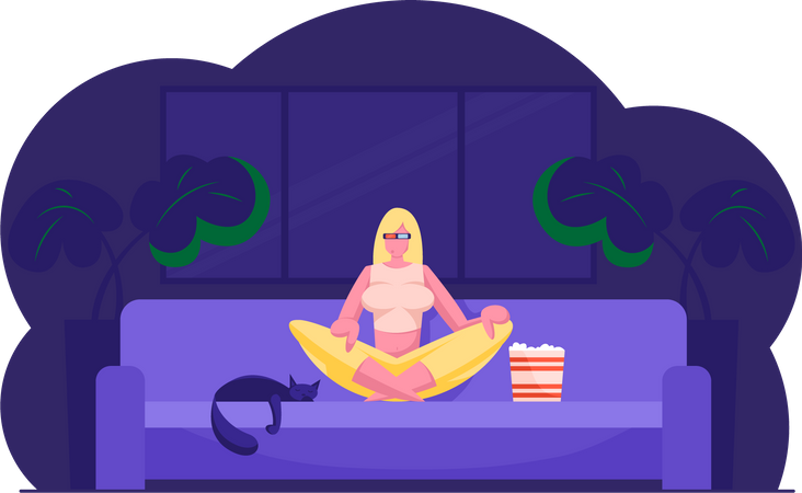 Mujer viendo películas y relajándose en casa  Ilustración
