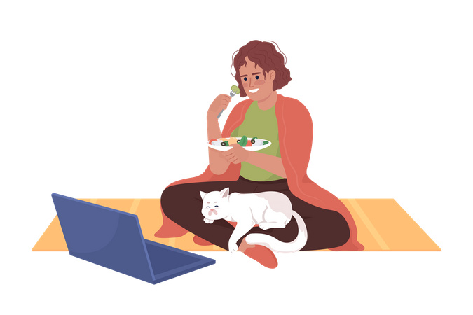 Mujer viendo programas de televisión en una computadora portátil y comiendo ensalada  Ilustración