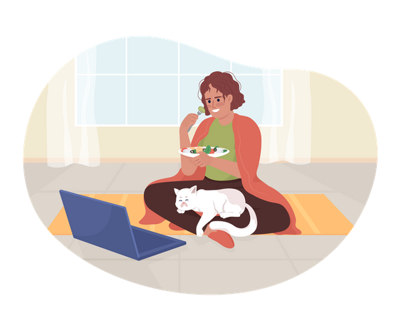 Mujer viendo programas de televisión en una computadora portátil y comiendo ensalada  Ilustración