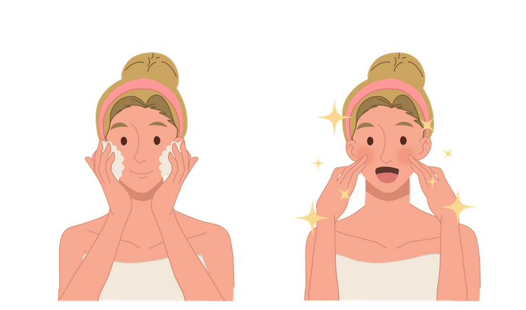 Mujer ve resultados después de lavarse la cara con espuma  Ilustración