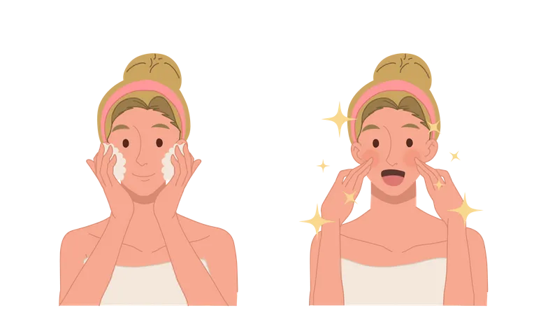 Mujer ve resultados después de lavarse la cara con espuma  Ilustración