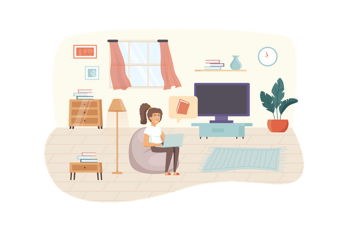 Mujer viendo un curso en línea o leyendo un libro electrónico en una computadora portátil sentada en la sala de estar  Ilustración