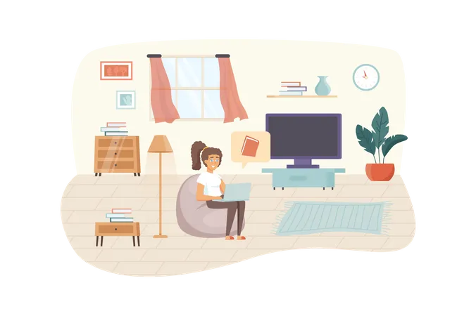 Mujer viendo un curso en línea o leyendo un libro electrónico en una computadora portátil sentada en la sala de estar  Ilustración