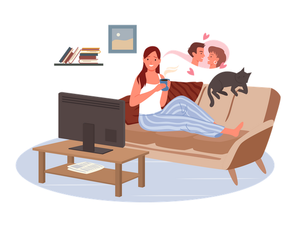 Mujer viendo una película romántica  Ilustración