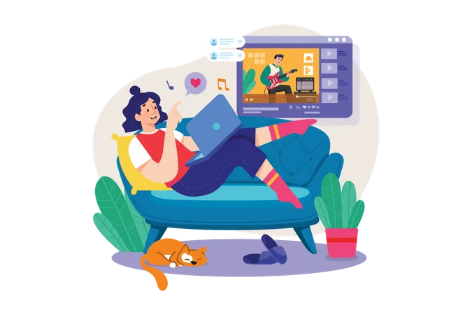 Mujer viendo video en computadora portátil  Ilustración