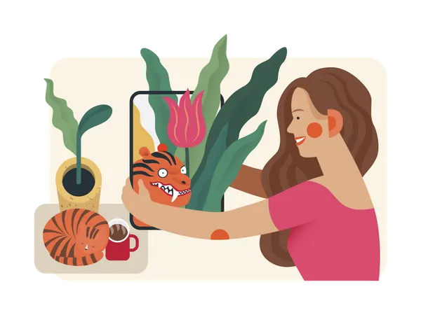 Mujer viendo vídeo usando realidad aumentada  Ilustración